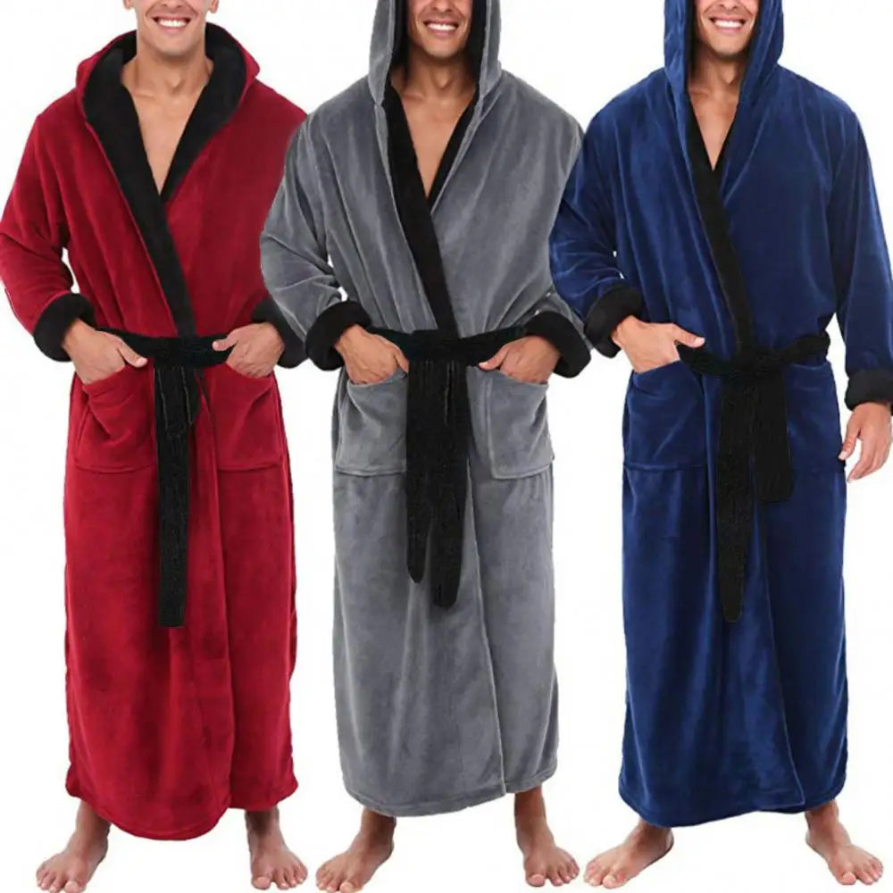 Pockets Soft Men Coral Fleece Color Block Long Bath Robe Home Gown Sleepwear