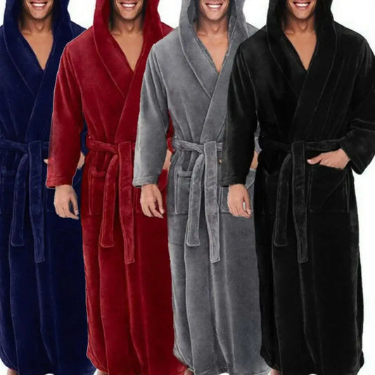 Solid Color Soft Men Shower Robe Coral Fleece Pockets Long Bath Robe Home Gown Sleepwear Bathrobe Pajama Man