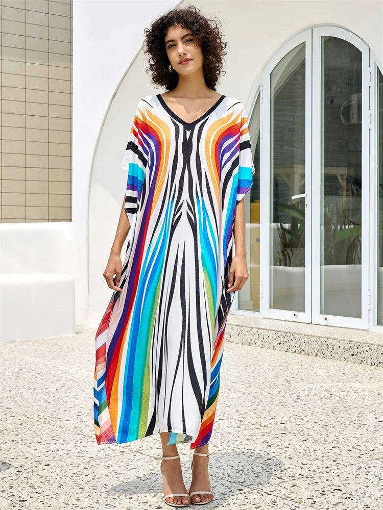 2025 Boho Colorful Wave Printed V-neck Bat Sleeve Beach Dress Women Summer Swimwear Coverup Cozy Plus Size Kaftan Homewear Q1674