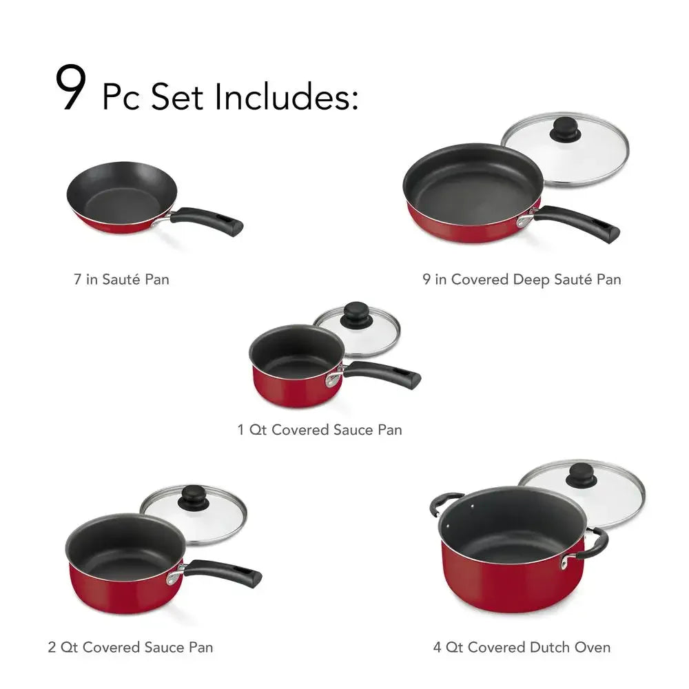 Nonstick Cookware Set Red 9-Piece Kitchen Starter Aluminum Dutch Oven Saute Pan Sauce Pan Riveted Handles Tempered Glass Lids