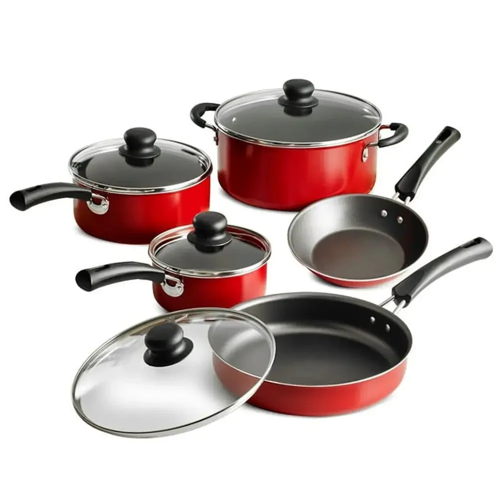 Nonstick Cookware Set Red 9-Piece Kitchen Starter Aluminum Dutch Oven Saute Pan Sauce Pan Riveted Handles Tempered Glass Lids