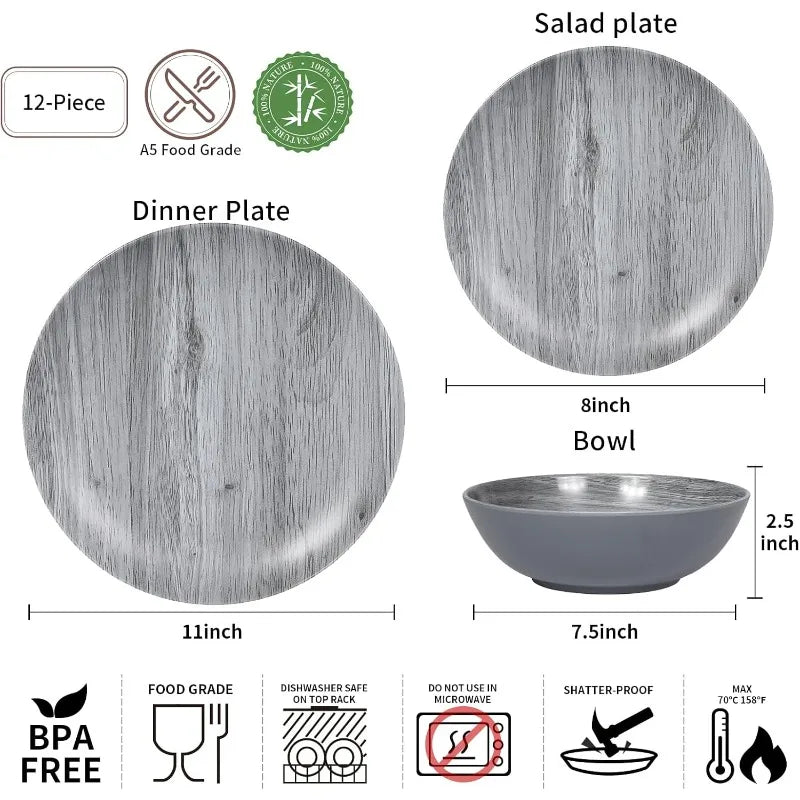 Melamine Dinnerware Set - 12pcs dinnerware set Indoor and Outdoor use, Bamboo Pattern Dishes Dinnerware Set for 4