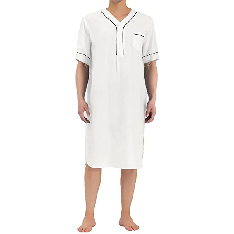 Men's Retro Stand Collar Muslim Nightgown Home Wear Short Sleeve Pocket Button-down Solid Color Leisure Pajamas 2024 New