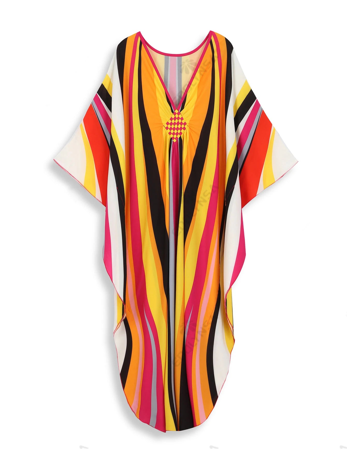 2024 Boho Yellow Striped Print Hand-knit V Neck Bat Sleeve Dress Summer Women Beachwear Swimsuit Cover Up Loose Kaftan Q1588