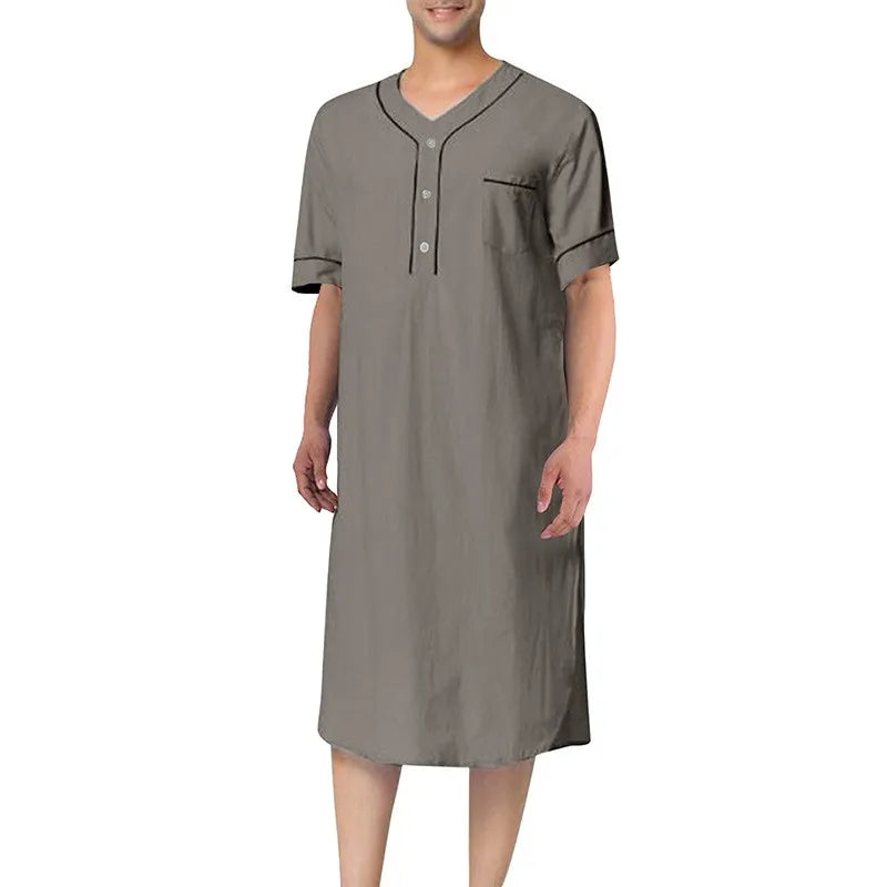 Men's Retro Stand Collar Muslim Nightgown Home Wear Short Sleeve Pocket Button-down Solid Color Leisure Pajamas 2024 New