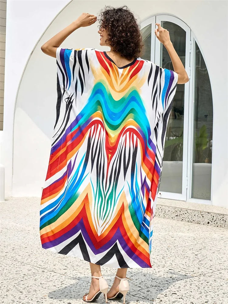 2025 Boho Colorful Wave Printed V-neck Bat Sleeve Beach Dress Women Summer Swimwear Coverup Cozy Plus Size Kaftan Homewear Q1674