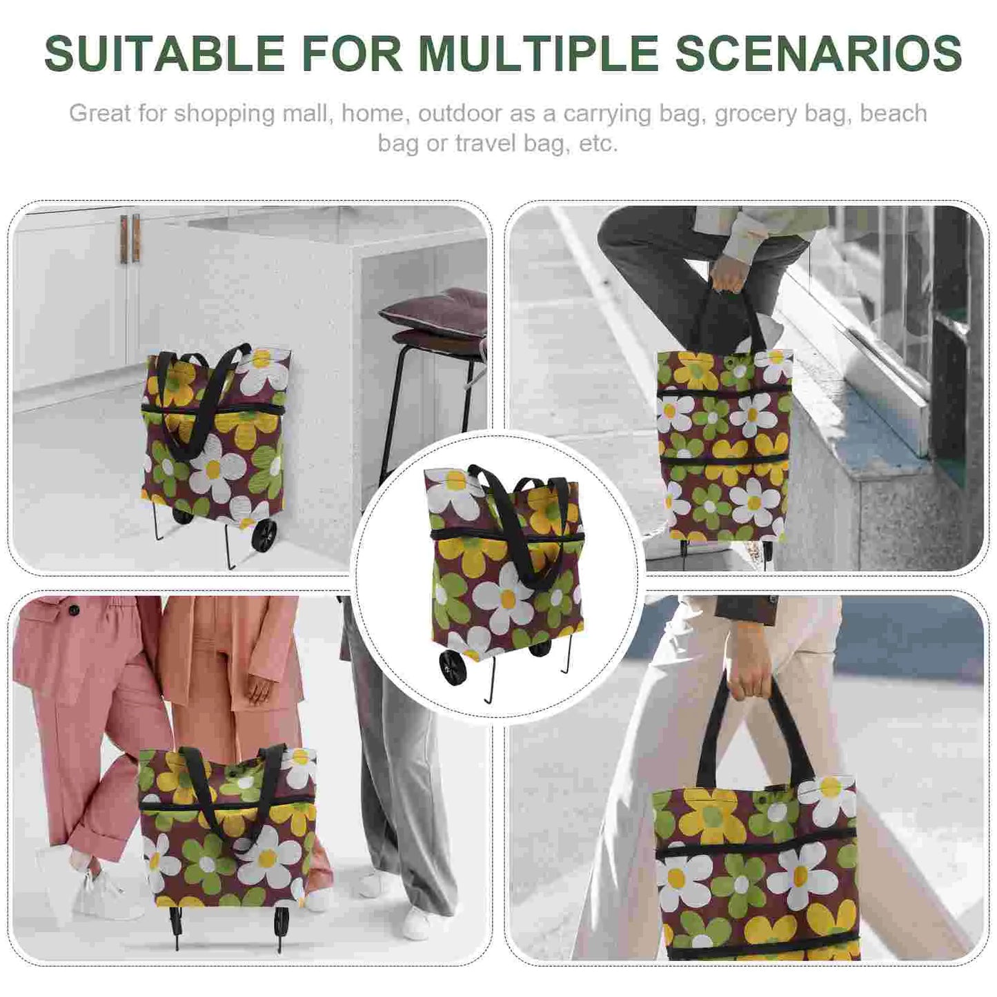 Large Shopping Bag Grocery Tote Pouch with Wheel Trolley on Outdoor Storage Cart Foldable Bags