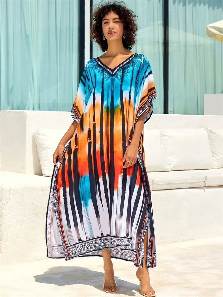 Boho Blue Plus Size Kaftan Striped Printed 2024 Summer Vacation Women Long Beach Dress Lounge Wear Sexy Swimsuit Cover Up Q1674