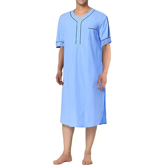 Men's Retro Stand Collar Muslim Nightgown Home Wear Short Sleeve Pocket Button-down Solid Color Leisure Pajamas 2024 New