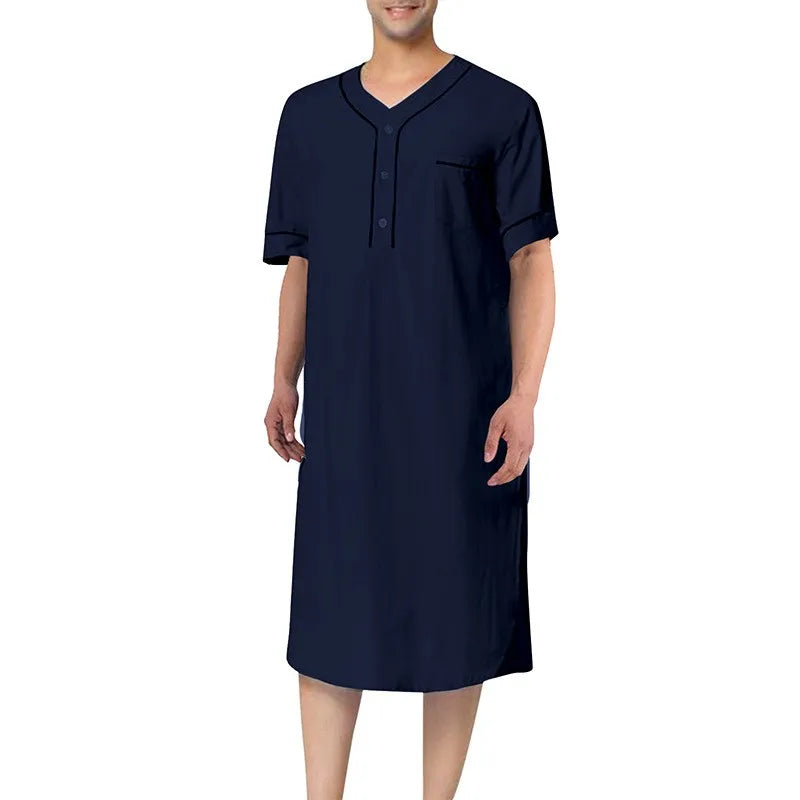 Men's Retro Stand Collar Muslim Nightgown Home Wear Short Sleeve Pocket Button-down Solid Color Leisure Pajamas 2024 New