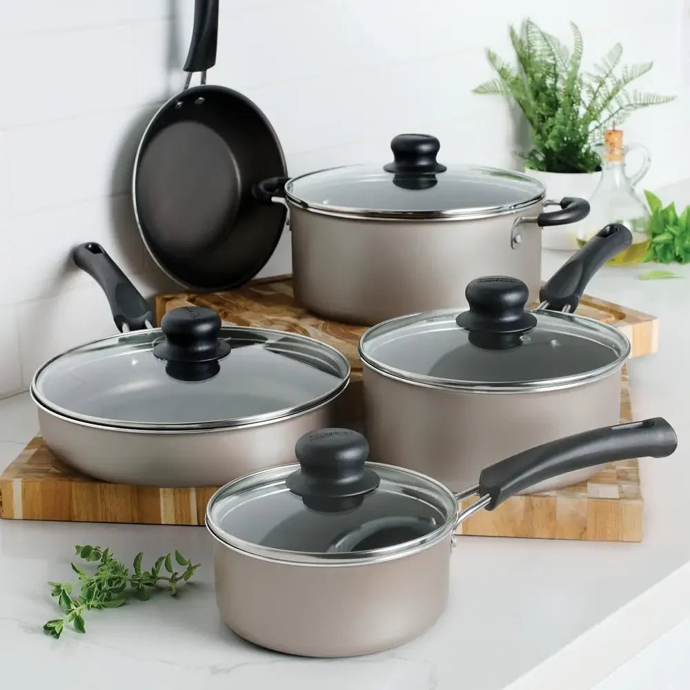 Nonstick Cookware Set with 9-Piece Complete Aluminum Collection Simple Cooking Stay-Cool Handles Glass Lids Gas/Electric/Ceramic