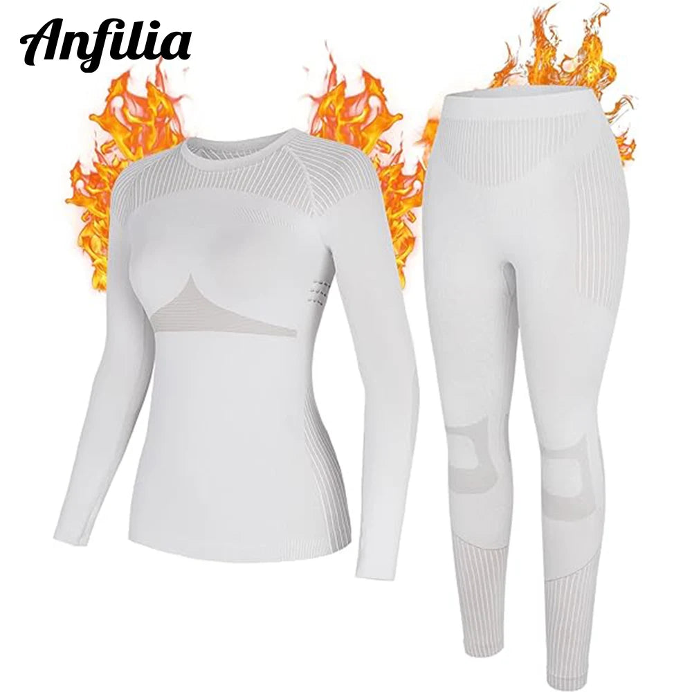 Anfilia Women Ski Thermal Underwear Sets Moisture-wicking & Quick Drying Tight Crew Neck Seamless knitted Base Layer Long Johns