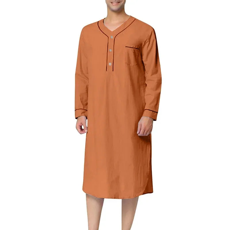 European and American Men's Home Furnishing Pajamas New 2024 Spring Muslim Mid Length Comfortable Loose Solid Color Pajamas