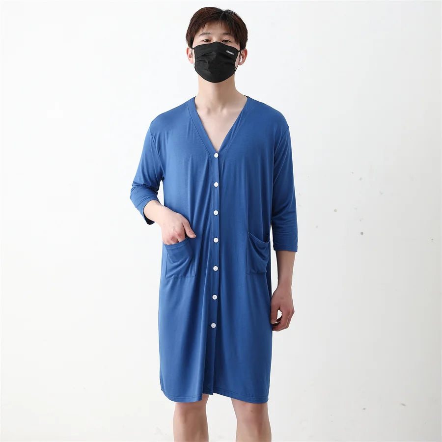 2024 Summer Men's Pajamas Robe Modal Cardigan Sleepwear Loose Bathrobe Male Shirt Dress Casual Draped Home Clothes for Men