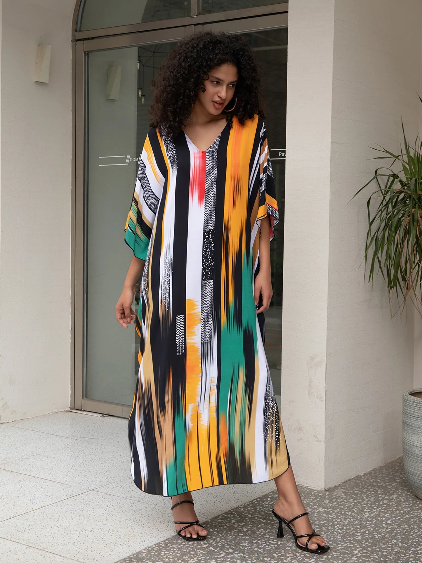 2024 Striped Printed Summe Beach Dress For Women Clothing Bohemian V Neck Batwing Sleeve Kaftan Vacation Moo Moo Dreses Q1638