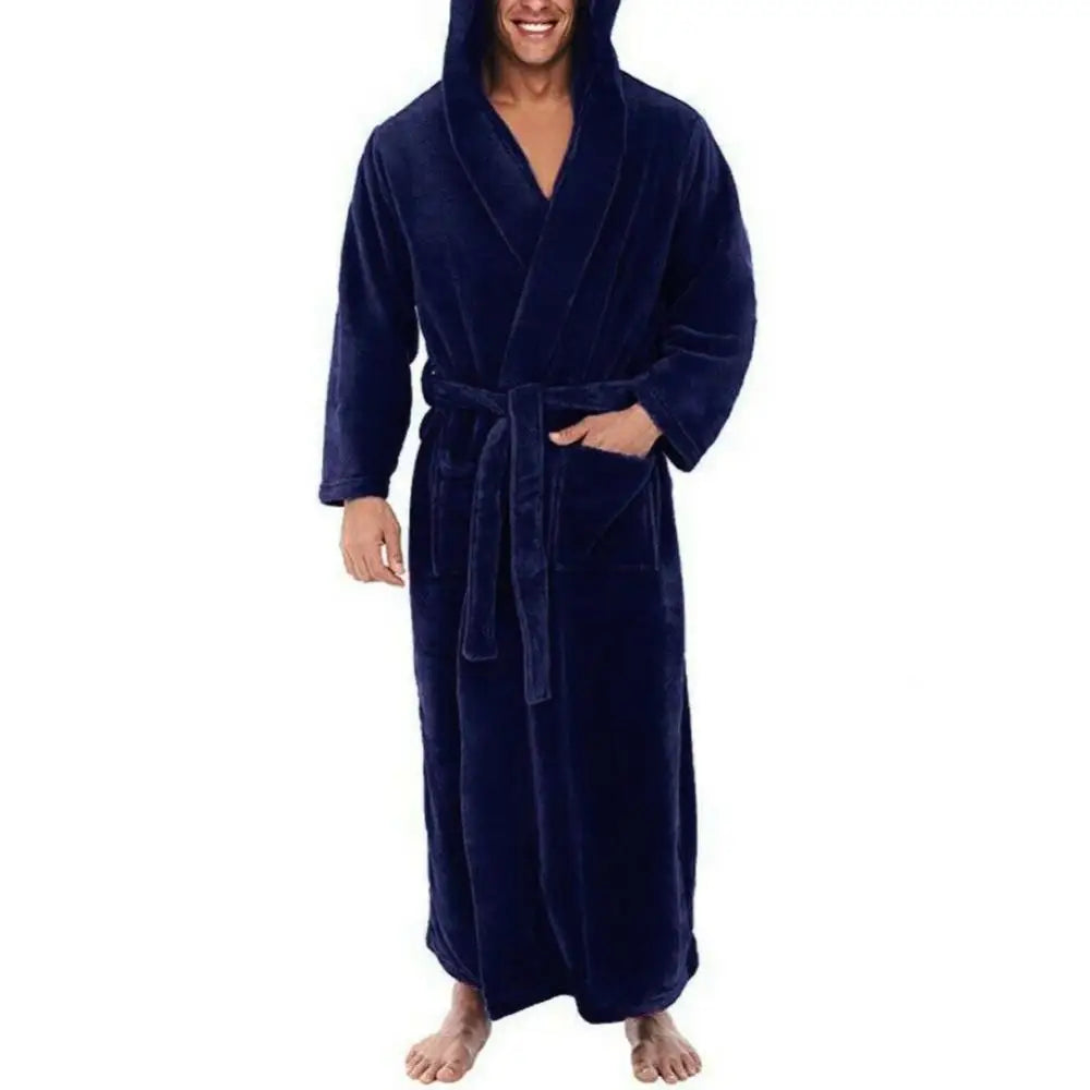 Solid Color Soft Men Shower Robe Coral Fleece Pockets Long Bath Robe Home Gown Sleepwear Bathrobe Pajama Man