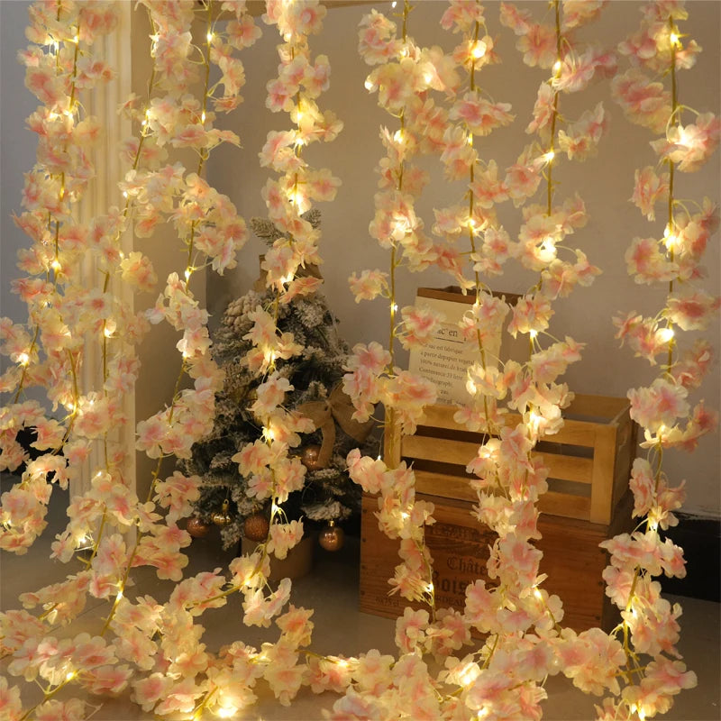 Artificial Flowers Pink Cherry Blossom Vine For Wedding Home Decor LED String Lights Hanging Garden Arches Wall Party Ornament