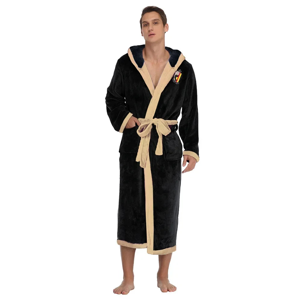 Men's Flannel Home Clothes Kimono Bathrobe Gown Winter Long Coral Fleece Hooded Robe Thicken Loose Casual Sleepwear Lounge Wear