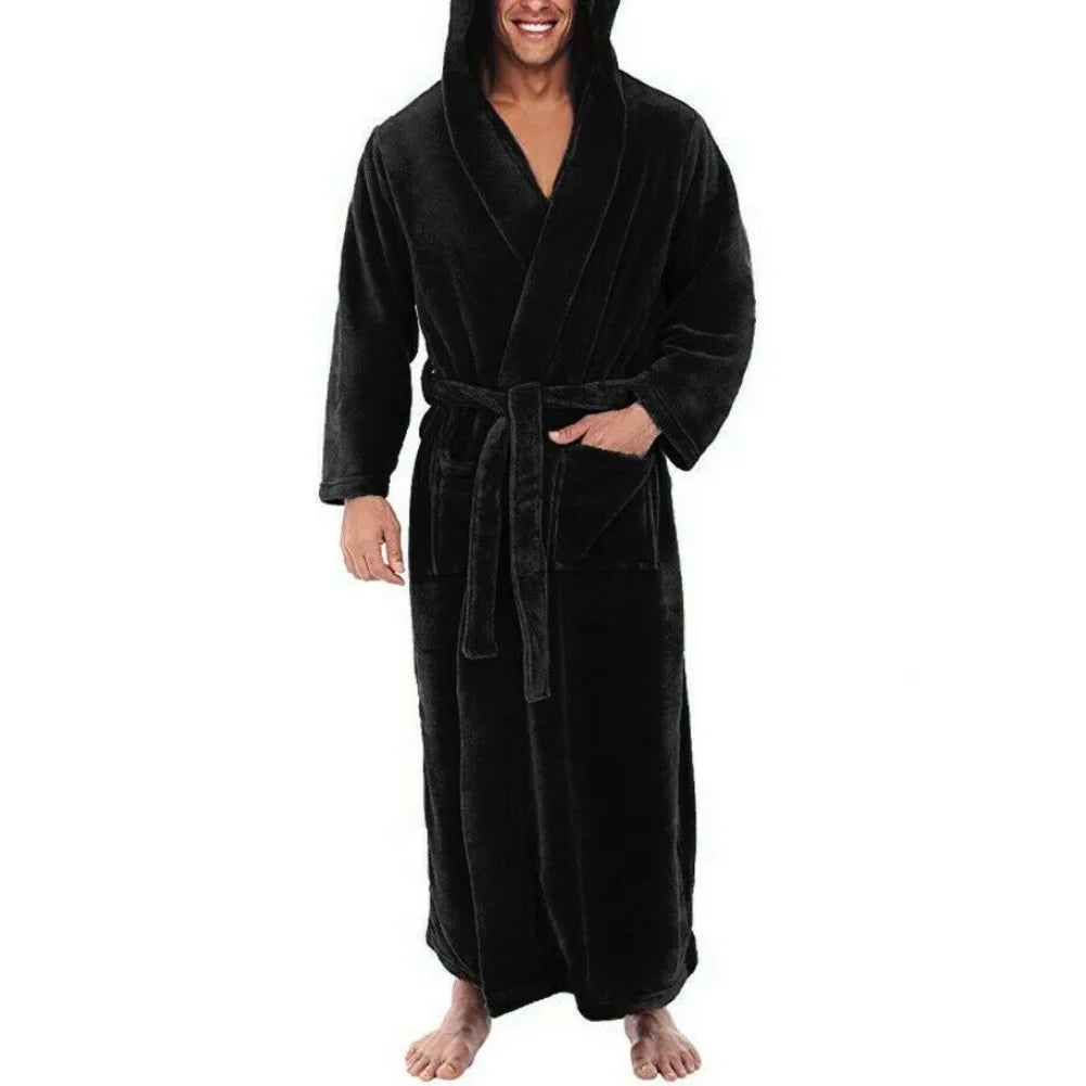 Pockets Soft Men Coral Fleece Color Block Long Bath Robe Home Gown Sleepwear