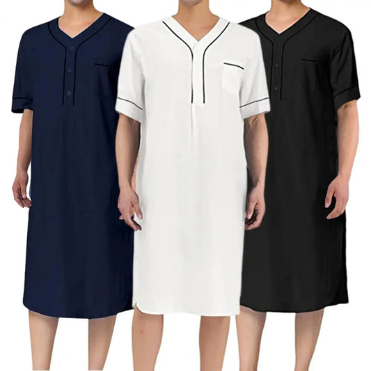 Men Nightgown Men's V-neck Short Sleeve Nightgown with Patch Pocket Solid Color Mid-calf Length Sleep Robe for Leisure for Men