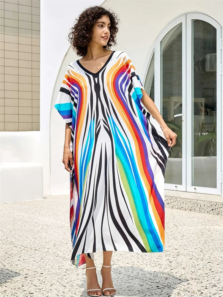 2025 Boho Colorful Wave Printed V-neck Bat Sleeve Beach Dress Women Summer Swimwear Coverup Cozy Plus Size Kaftan Homewear Q1674