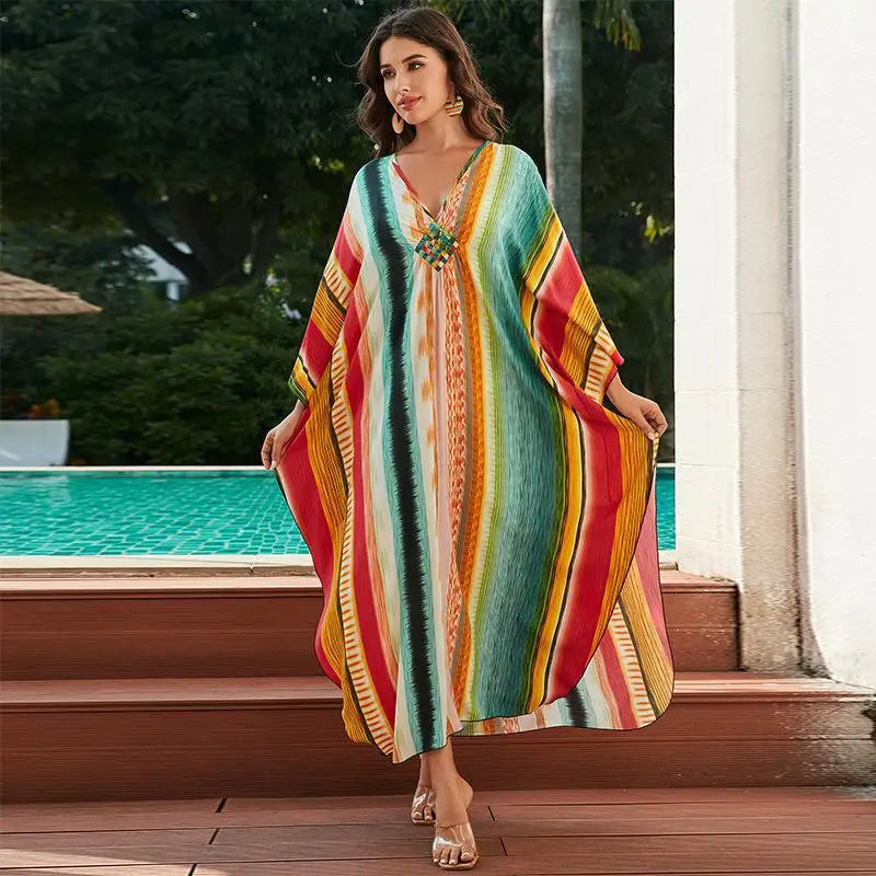 2024 Summer Beach Kaftan Dress Boho Printed Swimsuit Cover ups Elegant Side Split Maxi Dresses Butterfly Caftan Robe Top Biquini