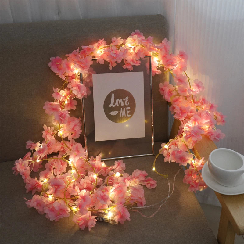 Artificial Flowers Pink Cherry Blossom Vine For Wedding Home Decor LED String Lights Hanging Garden Arches Wall Party Ornament