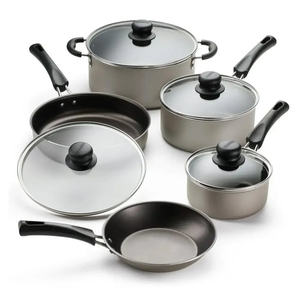 Nonstick Cookware Set with 9-Piece Complete Aluminum Collection Simple Cooking Stay-Cool Handles Glass Lids Gas/Electric/Ceramic