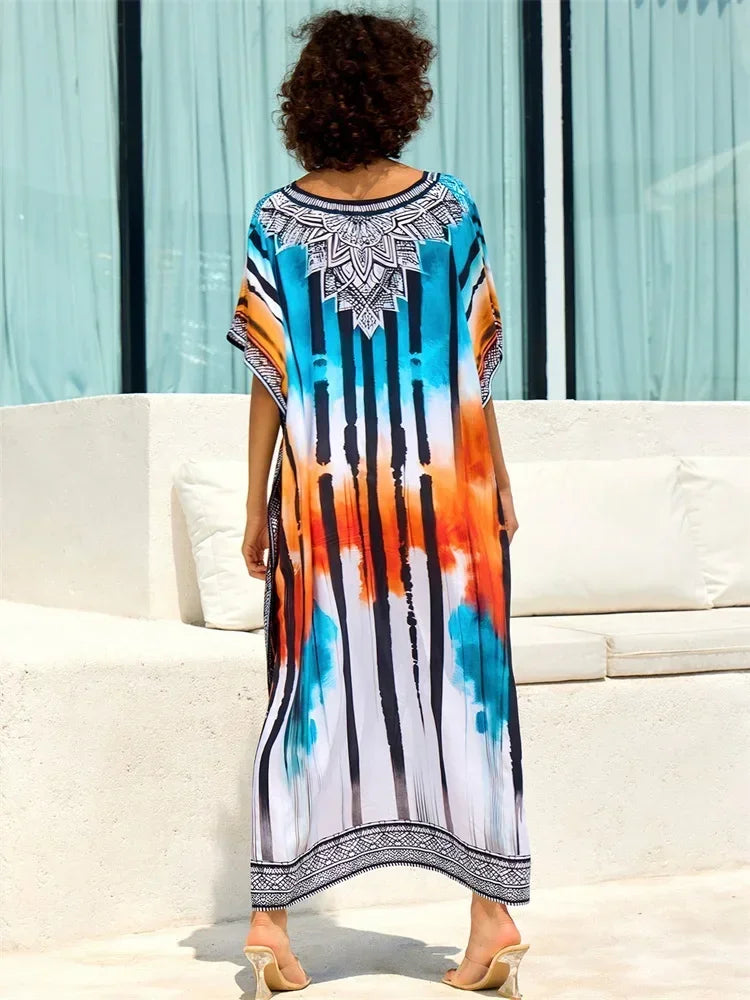 Boho Blue Plus Size Kaftan Striped Printed 2024 Summer Vacation Women Long Beach Dress Lounge Wear Sexy Swimsuit Cover Up Q1674