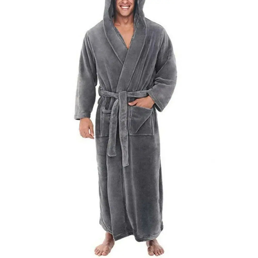 Solid Color Soft Men Shower Robe Coral Fleece Pockets Long Bath Robe Home Gown Sleepwear Bathrobe Pajama Man