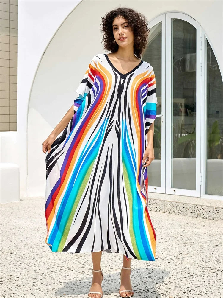 2025 Boho Colorful Wave Printed V-neck Bat Sleeve Beach Dress Women Summer Swimwear Coverup Cozy Plus Size Kaftan Homewear Q1674