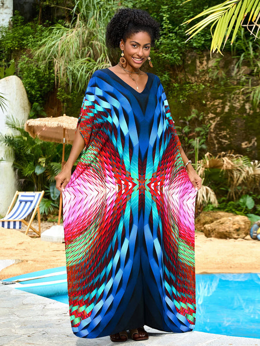 Women Floral Print Caftans Bathing Suit Cover Ups Plus Size Long Beach Cover Up Dress Kaftan Dresses