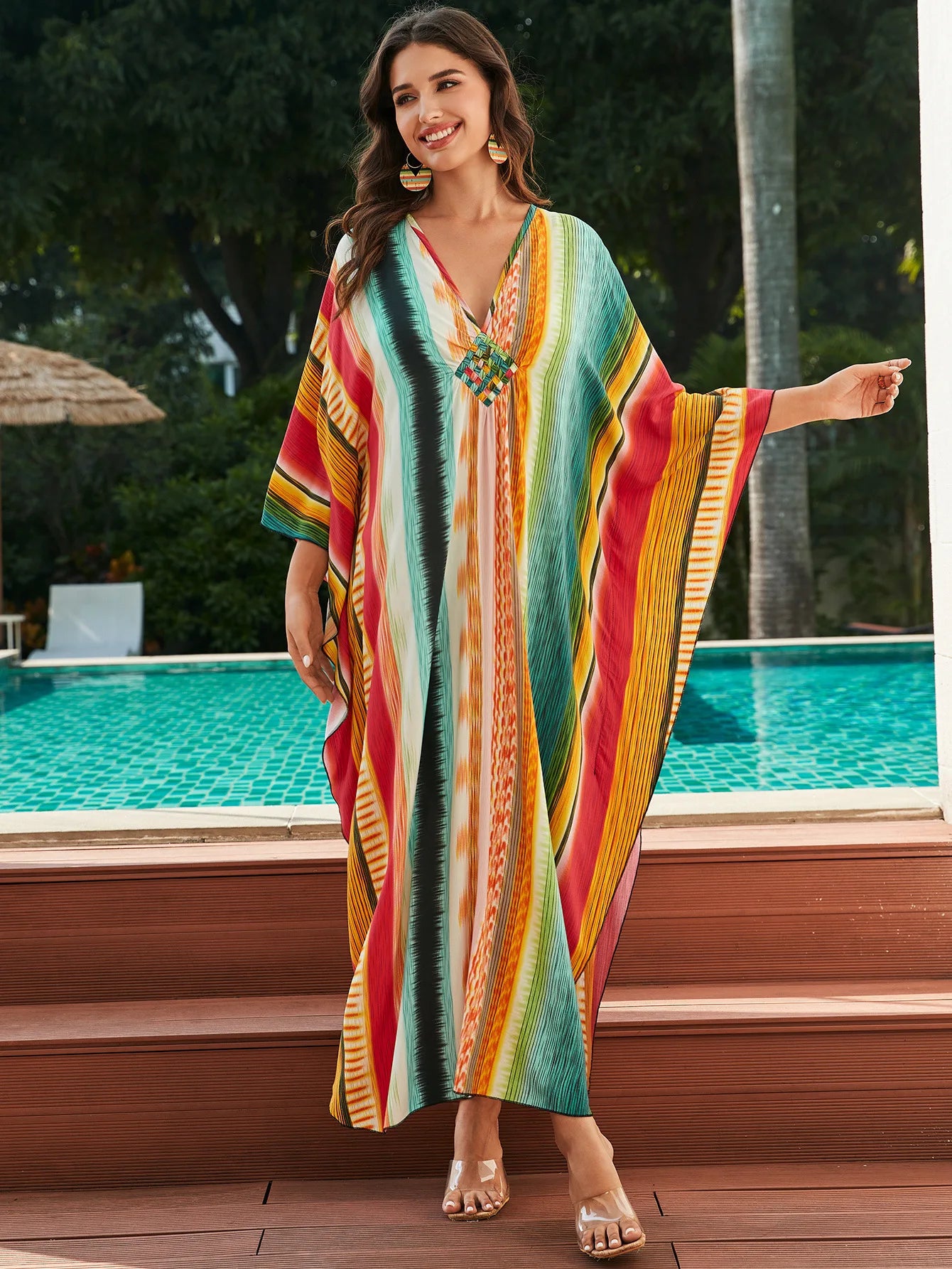 Colorful Vertical Striped Bo Printed Beach Dress Bikini Cover Up Loose V Neck Knit Robe Holiday Vocation Beach Cover Ups