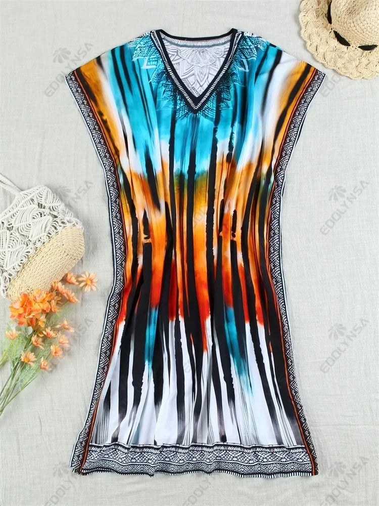 Boho Blue Plus Size Kaftan Striped Printed 2024 Summer Vacation Women Long Beach Dress Lounge Wear Sexy Swimsuit Cover Up Q1674